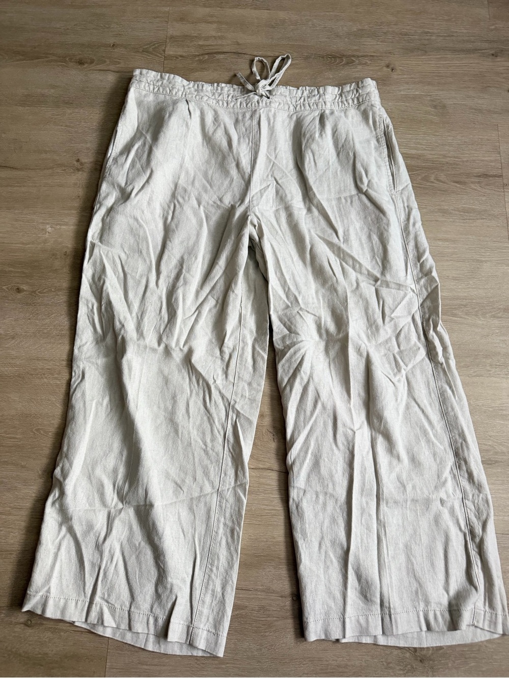 Linen Cropped Pants in Natural Beige SZ L Drawstring PullOn